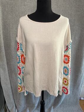 Mazik Linen Blend Granny Square Crochet Sleeve Top S Boho